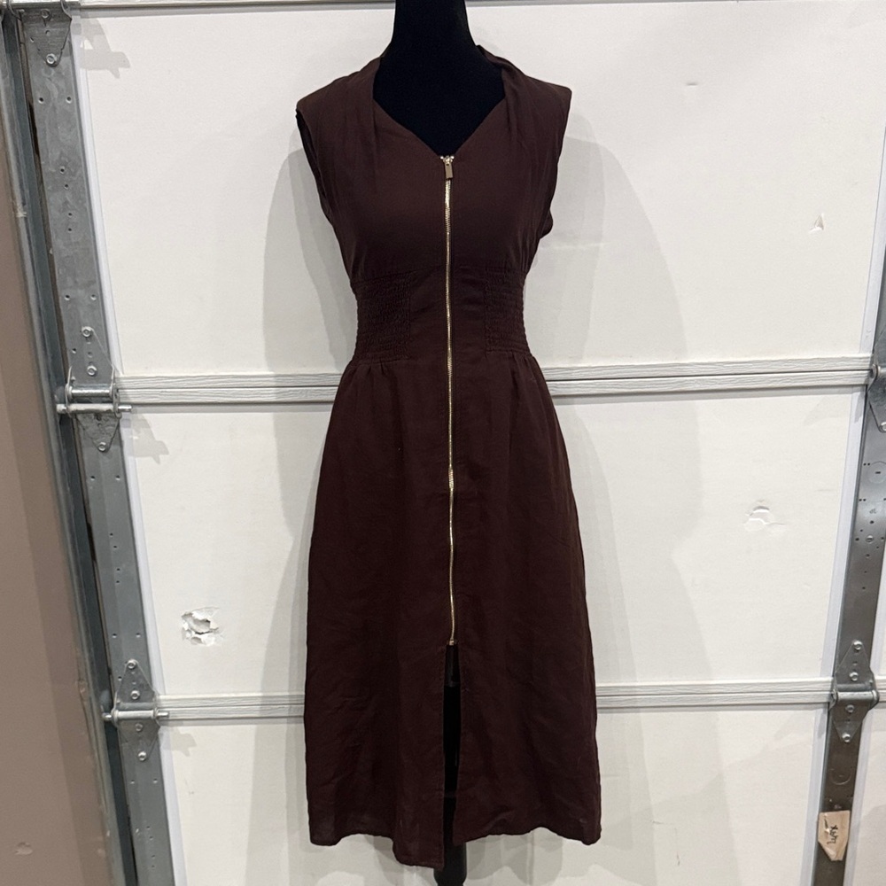 Joie Brown Midi Dress with Gold Zip